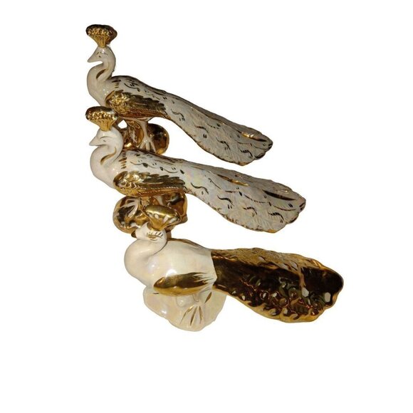 Vintage Bel-Air Pottery USA Lusterware with Gold Gifting Set of 3 Peacocks - Picture 16 of 16